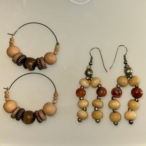 Two pair vintage wooden bead boho earrings- hoop and dangle set